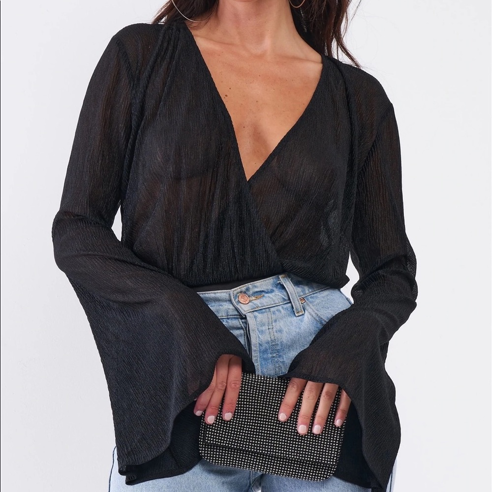 Black Sheer Bell Sleeve Bodysuit